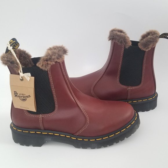 Dr. Martens Shoes - Dr Martens Leonore Brown Leather Faux Fur Boots